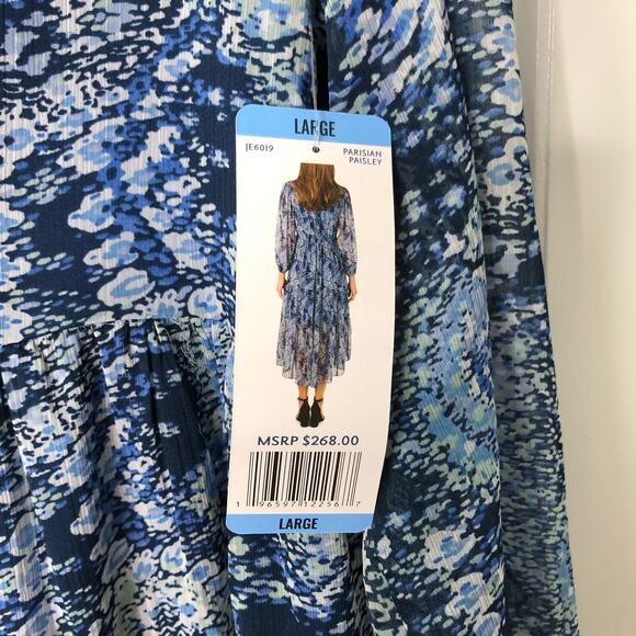 Joie NWT Wms Large Parisian Paisley Blue Printed Midi Dress Tiered Flowy - Picture 5 of 13